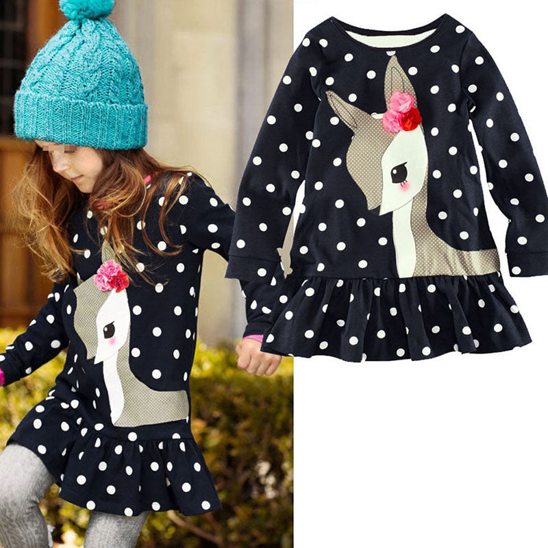 Kids Baby Girls Long Sleeve Lace Dress One-piece Dots Deer Cotton Dresses Toddlers Clothes J4U66