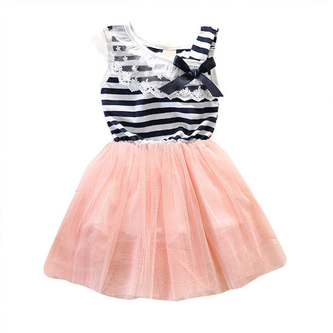 Kids Baby Girls Stripe Lace Tutu Dress Brace Bowknot Ruffle Tulle Baby One-piece Dresses 2-6Years J4U66