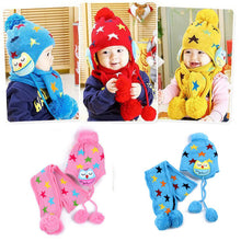 Kids Boys Girls Crochet Warm Beanie Five Pointed Star Baby Earflap Hat Scarf+Cap 2pcs J4U66