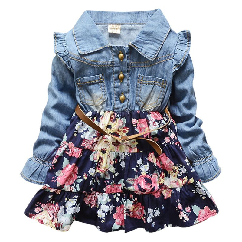 Kids Girl Long Sleeve Jeans Flower Dresses Demin Tutu Dress One-piece Y2 J4U66