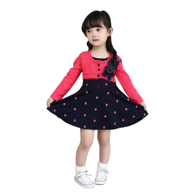 Kids Girl Princess Dress Floral Long Sleeve Fake Two Piece Dots Cotton Dress Girls Clothes 2-4Years J4U66