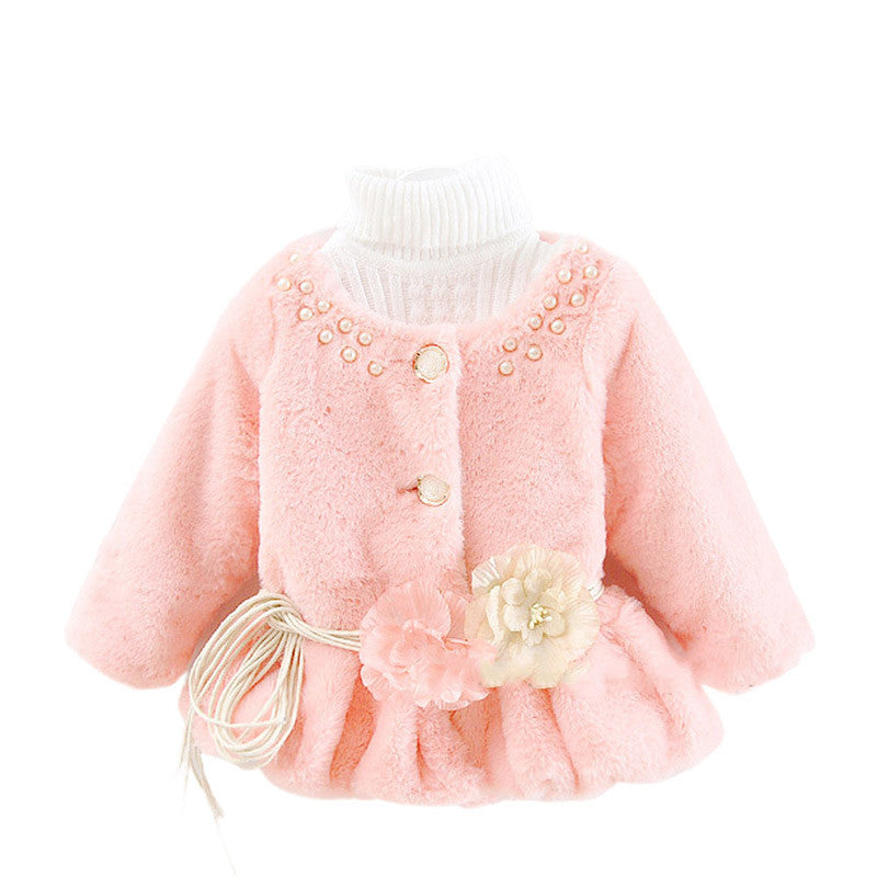 Kids Girls Baby Soft Faux Fur Fleece Warm Flower Belt Jacket Coat Outwear  J4U66