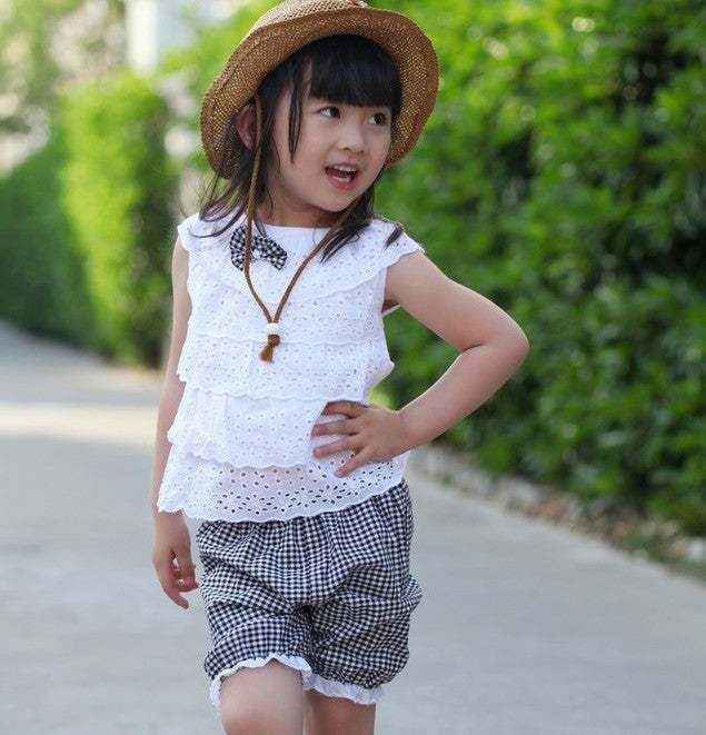 kids girls clothing sets lace children girl clothes set t-shirts lattice shorts pants set infant garment J4U66