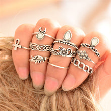 Knuckle Ring Tribal Ethic Hippe Stone Joint Finger Ring Ring Set for Women Moon Flower Elephant Pattern 10pcs Punk Style J4U66