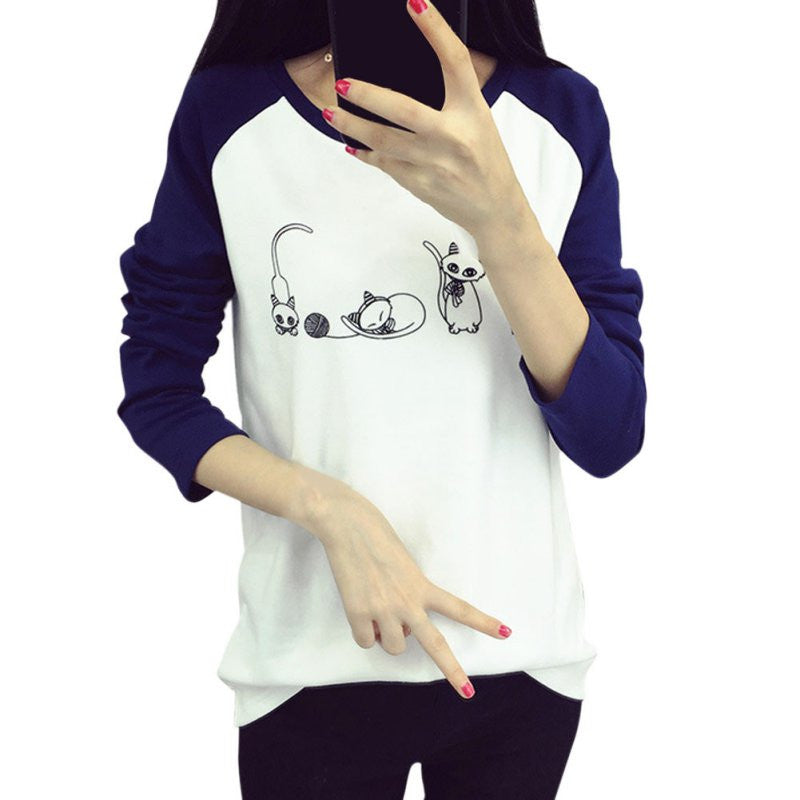 Korean College Wind Hoodies Cartoon Cat Sweatshirts Loose Printed Harajuku Hoodie Sudaderas J4U66