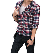 korean men shirt plaid check pattern turn down collar long sleeve pocket casual tops forcouple men blouses tops blusas J4U66