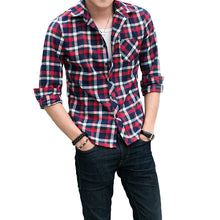 korean men shirt plaid check pattern turn down collar long sleeve pocket casual tops forcouple men blouses tops blusas J4U66