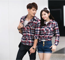 korean men shirt plaid check pattern turn down collar long sleeve pocket casual tops forcouple men blouses tops blusas J4U66