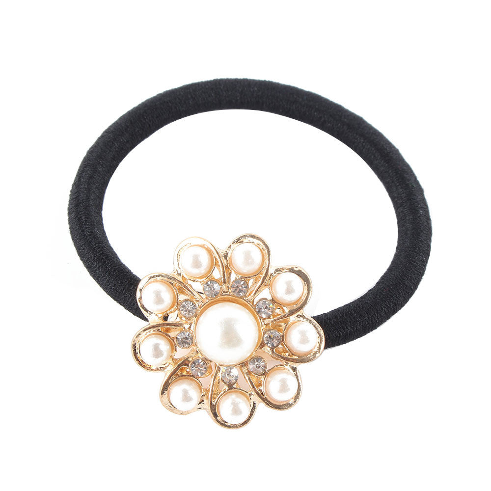 Korean Star Pearl Crystal Rhinestone Flower Headband Ponytail Holder Hair Rope Band Hairband  J4U66