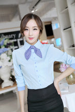 korean style women patchwork lined tops button long puff sleeve shirt blusas femininas self tie slim office women blouses J4U66