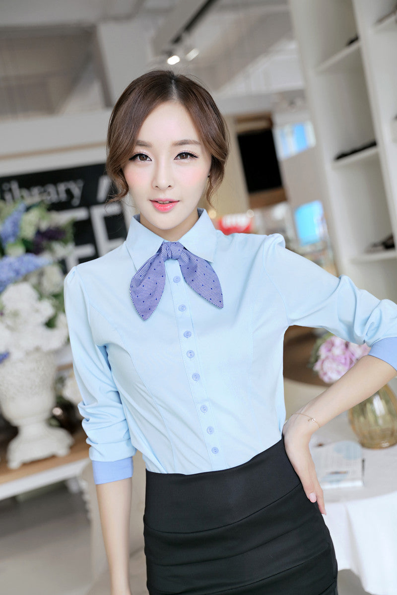 korean style women patchwork lined tops button long puff sleeve shirt blusas femininas self tie slim office women blouses J4U66