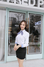 korean style women patchwork lined tops button long puff sleeve shirt blusas femininas self tie slim office women blouses J4U66