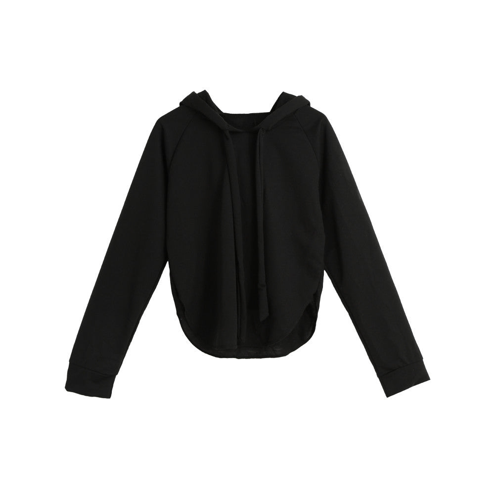 korean women short hoodies curve hem raglan sleeves tracksuit long drawstring casual pullover lady crop top sudaderas mujer J4U66