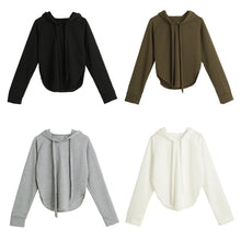 korean women short hoodies curve hem raglan sleeves tracksuit long drawstring casual pullover lady crop top sudaderas mujer J4U66