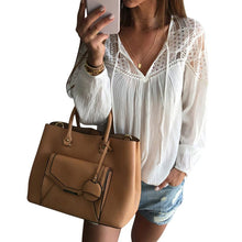 Lace Chiffon Tops Women Long Sleeve Shirt Blusa Feminina Shirt Shirt Tops Casual Solid V Neck  J4U66