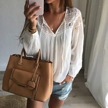 Lace Chiffon Tops Women Long Sleeve Shirt Blusa Feminina Shirt Shirt Tops Casual Solid V Neck  J4U66