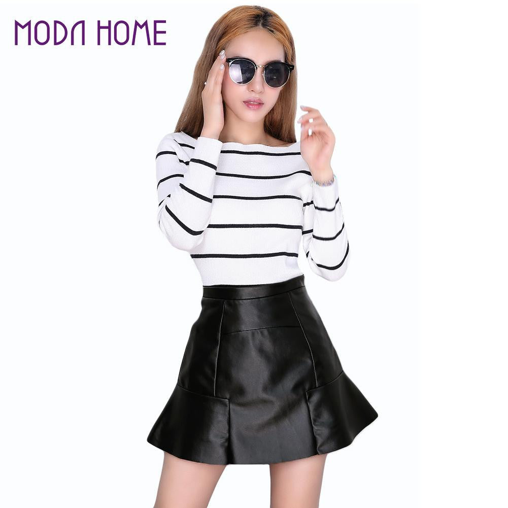 ladies black pu skirt sexy women mini skirt pu leather ruffled hem zippercasual elegant slim wrap skirt saia de couro J4U66
