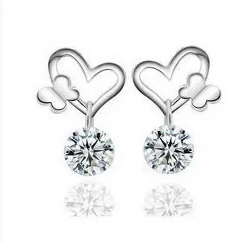 Lady Earrings Stud Butterfly Earrings Silver Plated Women Femal Cute Crystal Zircon Stud Earrings J4U66