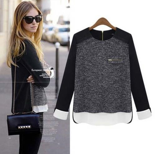 Lady Solid Chiffon Splicing Knit Sweater Women Long Sleeves Blouse Pullover Tops J4U66