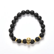 Lava Rock 8mm Bead Bracelet  Natural Stone Golden Skull Men's Beaded Bracelet J4U66
