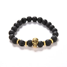 Lava Rock 8mm Bead Bracelet  Natural Stone Golden Skull Men's Beaded Bracelet J4U66
