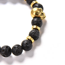 Lava Rock 8mm Bead Bracelet  Natural Stone Golden Skull Men's Beaded Bracelet J4U66