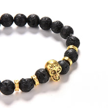Lava Rock 8mm Bead Bracelet  Natural Stone Golden Skull Men's Beaded Bracelet J4U66