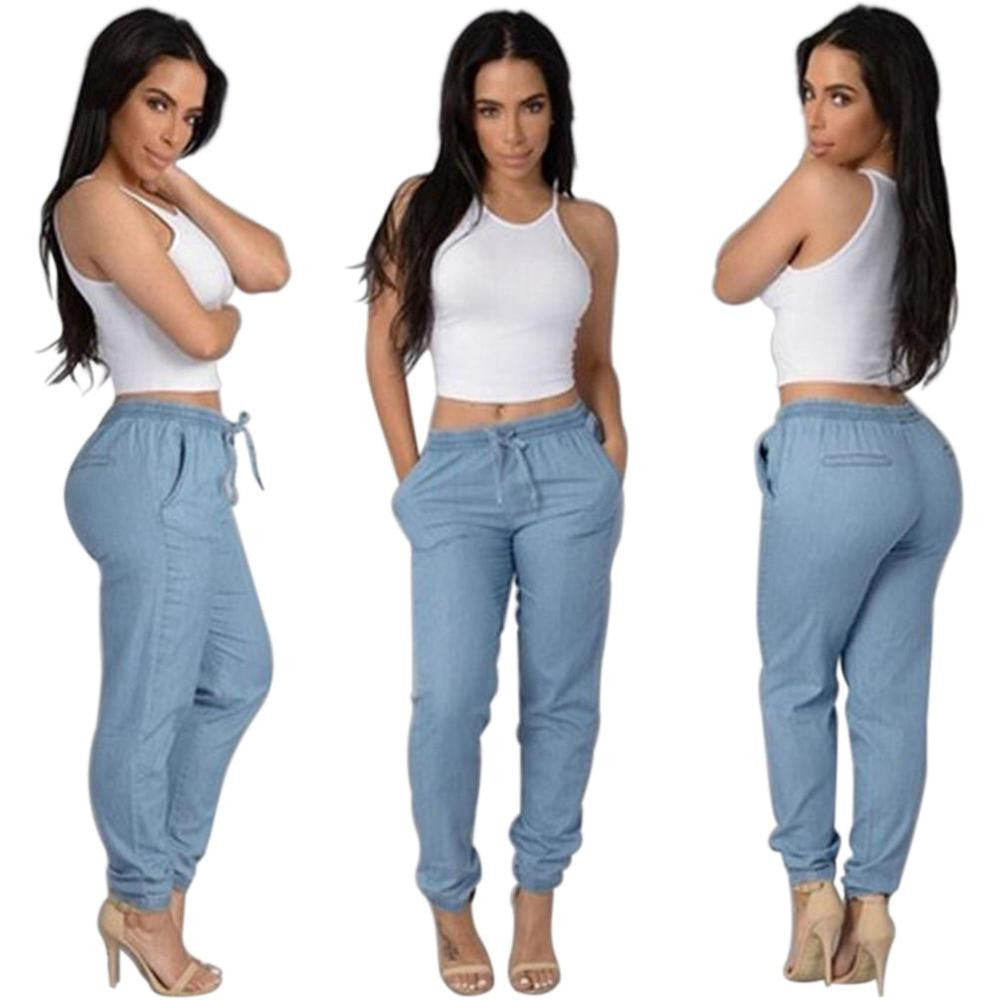 Light/Dark Blue Elastic Waist Pants Women Casual Trousers Loose Dance Joggers Long Pants S-XL J4U66