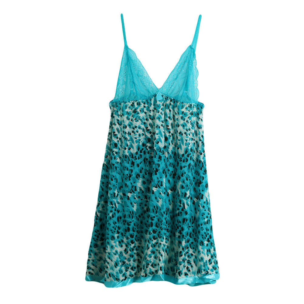 lingerie sexy babydoll dress women nightwear leopard print sheer mesh spaghetti strap backless lace sleepwear nightgown g-string J4U66