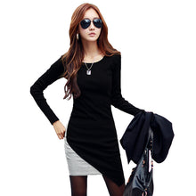 long sleeve women dress korean patchwork irregular hem bottoming dress black grey vestido casual clothing J4U66