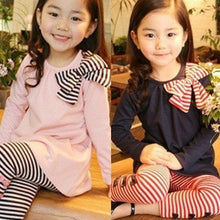Lovely Girls Clothing Sets Long Sleeve Shirts Bow Striped Leggings Pajama Suit Sets 3-8 Y J4U66