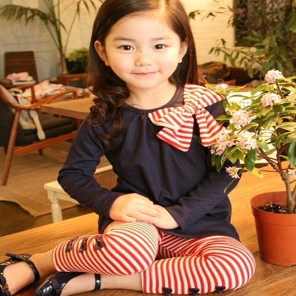 Lovely Girls Clothing Sets Long Sleeve Shirts Bow Striped Leggings Pajama Suit Sets 3-8 Y J4U66