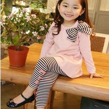 Lovely Girls Clothing Sets Long Sleeve Shirts Bow Striped Leggings Pajama Suit Sets 3-8 Y J4U66