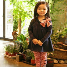 Lovely Girls Clothing Sets Long Sleeve Shirts Bow Striped Leggings Pajama Suit Sets 3-8 Y J4U66