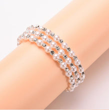 Luxurious Korean Temperament OL Silver Plated Full Rhinestone Simulated Pearl Bracelets Multilayer Winding Wide Bangles J4U66