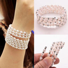 Luxurious Korean Temperament OL Silver Plated Full Rhinestone Simulated Pearl Bracelets Multilayer Winding Wide Bangles J4U66