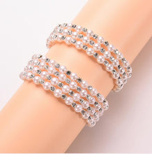 Luxurious Korean Temperament OL Silver Plated Full Rhinestone Simulated Pearl Bracelets Multilayer Winding Wide Bangles J4U66