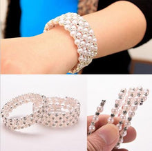 Luxurious Korean Temperament OL Silver Plated Full Rhinestone Simulated Pearl Bracelets Multilayer Winding Wide Bangles J4U66