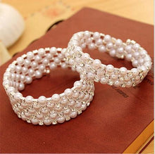 Luxurious Korean Temperament OL Silver Plated Full Rhinestone Simulated Pearl Bracelets Multilayer Winding Wide Bangles J4U66