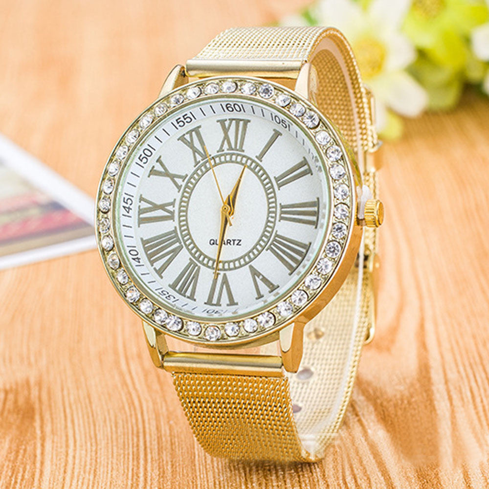 Luxury Mens Wristwatch Women Popular Brand Gold Stainless Steel Band Crystal WristWatches Quartz Watch Bracelet Relogio J4U66