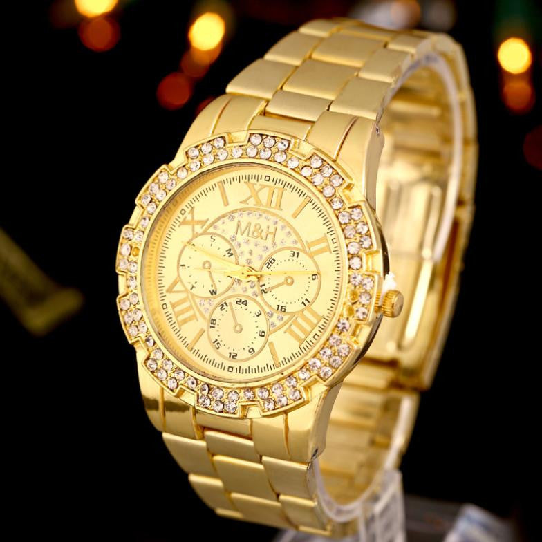 Luxury Women Men Unisex Stainless Steel Quartz Wrist Watch Gold & J4U66