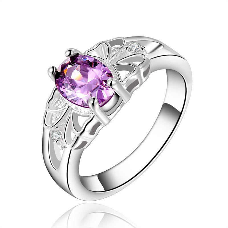 Luxury elegant amethyst Silver Rings Jewelry Crystal Beautiful flowers ring women lady cute nice beat wild  J4U66