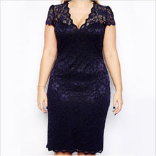 M-4XL Women Casual Lace Bodycon Dresses Mini Lace Dress V-Neck Floral Pencil Dress Dark Blue J4U66