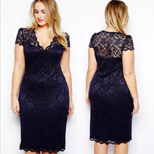 M-4XL Women Casual Lace Bodycon Dresses Mini Lace Dress V-Neck Floral Pencil Dress Dark Blue J4U66