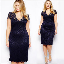 M-4XL Women Casual Lace Bodycon Dresses Mini Lace Dress V-Neck Floral Pencil Dress Dark Blue J4U66