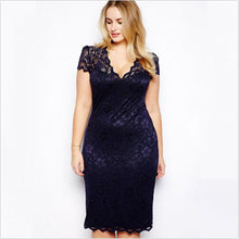 M-4XL Women Casual Lace Bodycon Dresses Mini Lace Dress V-Neck Floral Pencil Dress Dark Blue J4U66