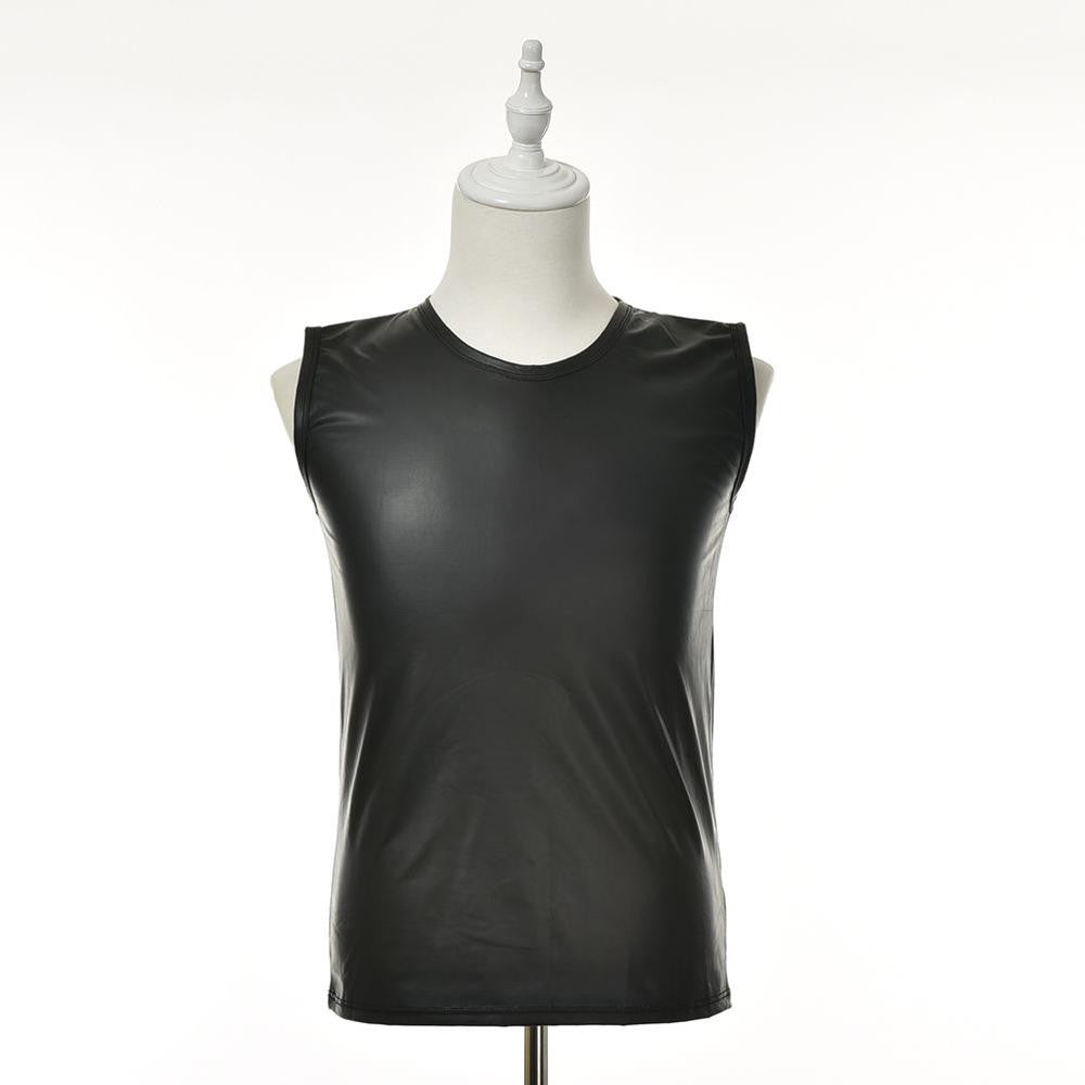 M L XL PU Leather O-neck Men Tank Tops Sexy Sleeveless Shirts Men Imitatiion Faux Leather Vest J4U66