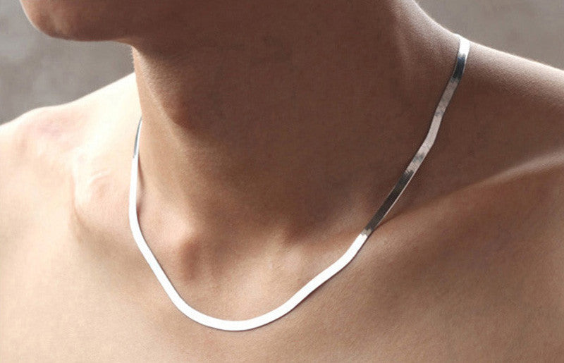 Men Women Flat Blade Body Chain Jewelry Short Paragraph Clavicle Chain Silver Choker Necklace  J4U66