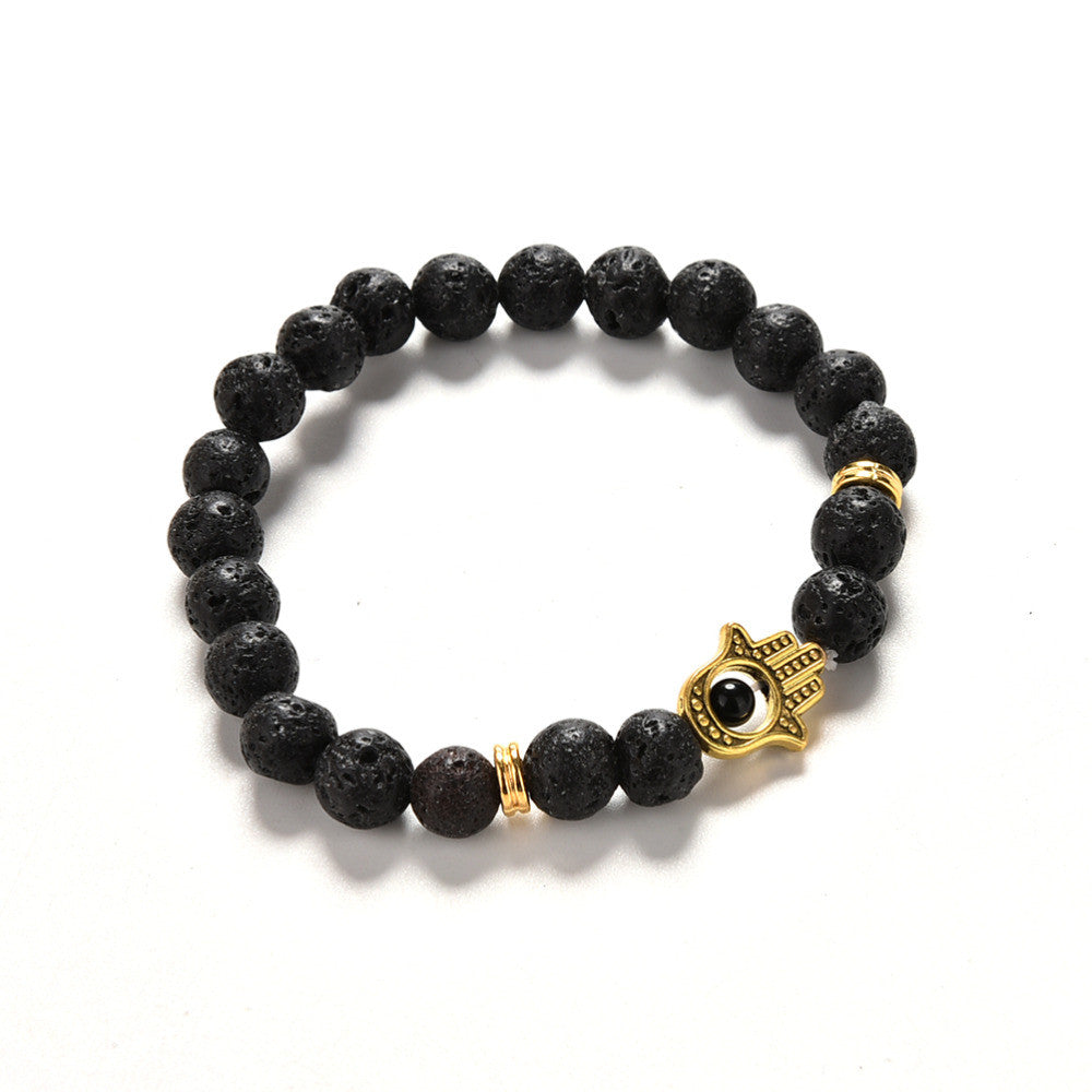 Men's Beaded Natural Stone Hand Of Fatima Bracelets S Golden Hamsa Lava Rock Bracelet J4U66