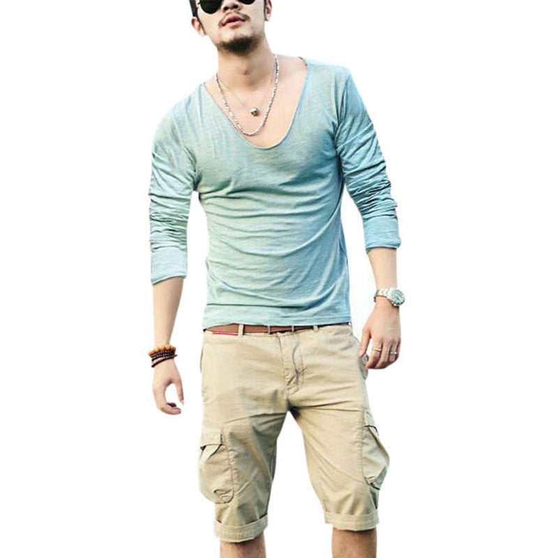 mens exclusive pretty tops deep v neck long sleeve t-shirtss stunning cut off border plus size J4U66